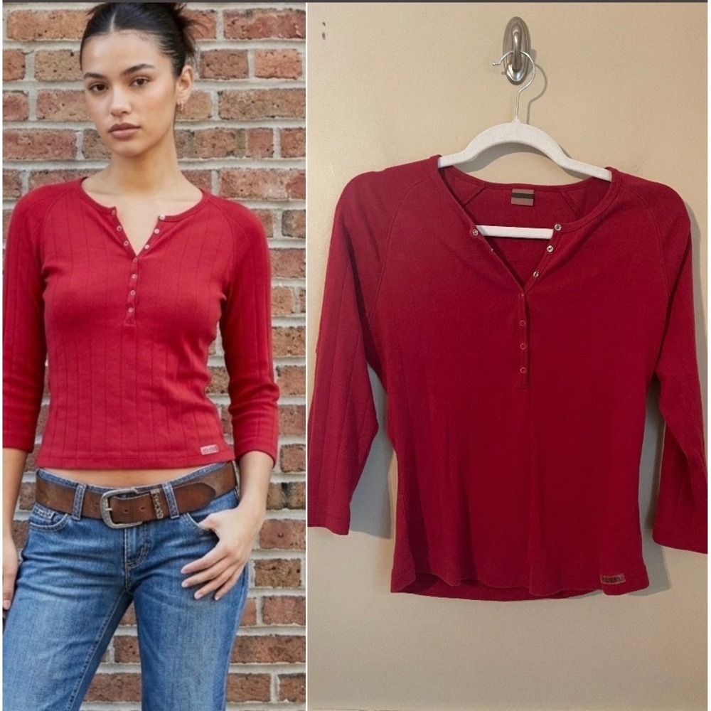 Guess Vtg Y2k Red Ribbed Henley 3/4 Sleeve Baby Tee Elena Bella Size S/M